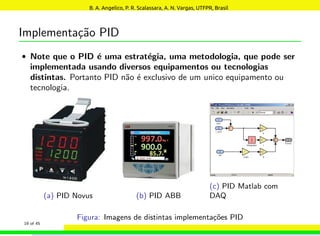 Implementação PID
• Note que o PID é uma estratégia, uma metodologia, que pode ser
implementada usando diversos equipamentos ou tecnologias
distintas. Portanto PID não é exclusivo de um unico equipamento ou
tecnologia.
(a) PID Novus (b) PID ABB
(c) PID Matlab com
DAQ
Figura: Imagens de distintas implementações PID
19 of 45
B. A. Angelico, P. R. Scalassara, A. N. Vargas, UTFPR, Brasil
 
