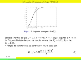 Figura: A resposta ao degrau de G(s).
Solução: Verifica-se que L = 1.3; T = 5.45; K = 1. Logo, segundo o método
de Ziegler e Nichols da curva de reação, tem-se que Kp = 5.03; Ti = 2.6;
Td = 0.65.
A função de transferência do controlador PID é dada por
Gc(s) = 3.27
(s + 0.7692)
2
s
(2)
34 of 45
B. A. Angelico, P. R. Scalassara, A. N. Vargas, UTFPR, Brasil
 