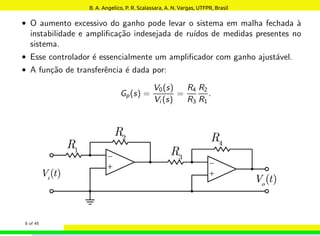 • O aumento excessivo do ganho pode levar o sistema em malha fechada à
instabilidade e amplificação indesejada de ruı́dos de medidas presentes no
sistema.
• Esse controlador é essencialmente um amplificador com ganho ajustável.
• A função de transferência é dada por:
Gp(s) =
V0(s)
Vi (s)
=
R4
R3
R2
R1
.
6 of 45
B. A. Angelico, P. R. Scalassara, A. N. Vargas, UTFPR, Brasil
 