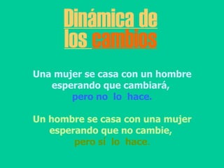 Dinámica de los  cambios Una mujer se casa con un hombre esperando que cambiará,  pero no  lo  hace. Un hombre se casa con una mujer esperando que no cambie,   pero sí  lo  hace . 