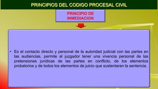 PRINCIPIOS DEL CODIGO PROCESAL CIVIL
PRINCIPIO DE
INMEDIACION
• Es el contacto directo y personal de la autoridad judicial con las partes en
las audiencias, permite al juzgador tener una vivencia personal de las
pretensiones jurídicas de las partes en conflicto, de los elementos
probatorios y de todos los elementos de juicio que sustentaran la sentencia.
 