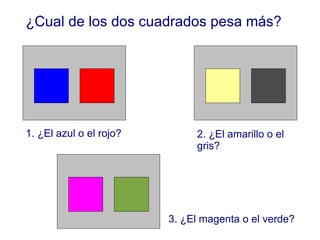 ¿Cual de los dos cuadrados pesa más? 1. ¿El azul o el rojo? 2. ¿El amarillo o el gris? 3. ¿El magenta o el verde? 