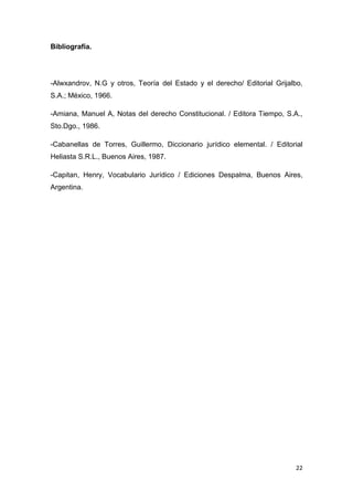 22
Bibliografía.
-Alwxandrov, N.G y otros, Teoría del Estado y el derecho/ Editorial Grijalbo,
S.A.; México, 1966.
-Amiana, Manuel A, Notas del derecho Constitucional. / Editora Tiempo, S.A.,
Sto.Dgo., 1986.
-Cabanellas de Torres, Guillermo, Diccionario jurídico elemental. / Editorial
Heliasta S.R.L., Buenos Aires, 1987.
-Capitan, Henry, Vocabulario Jurídico / Ediciones Despalma, Buenos Aires,
Argentina.
 