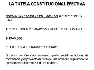 LA TUTELA CONSTITUCIONAL EFECTIVA
NORMATIVACONSTITUCIONALSUPREMA:(art.31Y75INC.22
C.N.)
1-CONSTITUCIONYTRATADOSSOBREDERECHOSHUMANOS
2-TRATADOS
3-LEYESCONSTITUCIONALESSUPREMAS
El orden constitucional supremo: pacto social-fundacional de
convivencia y el proyecto de vida de una sociedad regulatorio del
ejerciciodelaslibertadesydelospoderes.
 