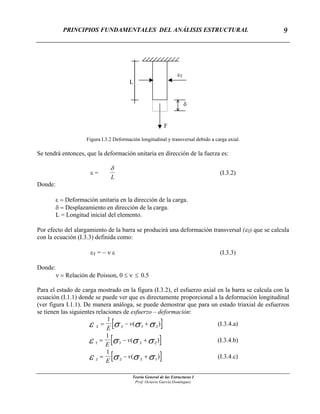 PRINCIPIOS FUNDAMENTALES DEL ANÁLISIS ESTRUCTURAL
Teoría General de las Estructuras I
Prof. Octavio García Domínguez
9
εΤ
L
δ
F
Figura I.3.2 Deformación longitudinal y transversal debido a carga axial.
Se tendrá entonces, que la deformación unitaria en dirección de la fuerza es:
ε =
δ
L
(I.3.2)
Donde:
ε = Deformación unitaria en la dirección de la carga.
δ = Desplazamiento en dirección de la carga.
L = Longitud inicial del elemento.
Por efecto del alargamiento de la barra se producirá una deformación transversal (εT) que se calcula
con la ecuación (I.3.3) definida como:
εT = − ν ε (I.3.3)
Donde:
ν = Relación de Poisson, 0 ≤ ν ≤ 0.5
Para el estado de carga mostrado en la figura (I.3.2), el esfuerzo axial en la barra se calcula con la
ecuación (I.1.1) donde se puede ver que es directamente proporcional a la deformación longitudinal
(ver figura I.1.1). De manera análoga, se puede demostrar que para un estado triaxial de esfuerzos
se tienen las siguientes relaciones de esfuerzo – deformación:
[X X Y
E
vε σ σ σ= − +
1
( ]Z
) (I.3.4.a)
[Y Y X
E
vε σ σ σ= − +
1
( ]Z
) (I.3.4.b)
[Z Z X
E
vε σ σ σ= − +
1
( ]Y
) (I.3.4.c)
 
