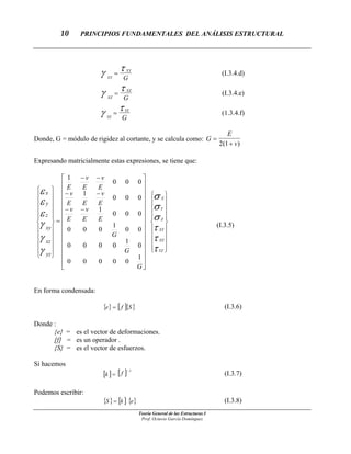 10 PRINCIPIOS FUNDAMENTALES DEL ANÁLISIS ESTRUCTURAL
Teoría General de las Estructuras I
XY
XY
G
γ τ= (I.3.4.d)
XZ
XZ
G
γ τ= (I.3.4.e)
YZ
YZ
G
γ τ= (1.3.4.f)
Donde, G = módulo de rigidez al cortante, y se calcula como: G
E
v
=
+2 1( )
Expresando matricialmente estas expresiones, se tiene que:
1
00000
0
1
0000
00
1
000
000
1
000
1
000
1
=
⎪
⎪
⎪
⎪
⎭
⎪⎪
⎪
⎪
⎬
⎫
⎪
⎪
⎪
⎪
⎩
⎪⎪
⎪
⎪
⎨
⎧
⎥
⎥
⎥
⎥
⎥
⎥
⎥
⎥
⎥
⎥
⎥
⎥
⎥
⎦
⎤
⎢
⎢
⎢
⎢
⎢
⎢
⎢
⎢
⎢
⎢
⎢
⎢
⎢
⎣
⎡
−−
−−
−−
⎪
⎪
⎪
⎪
⎭
⎪
⎪
⎪
⎪
⎬
⎫
⎪
⎪
⎪
⎪
⎩
⎪
⎪
⎪
⎪
⎨
⎧
τ
τ
τ
σ
σ
σ
γ
γ
γ
ε
ε
ε
YZ
XZ
XY
Z
Y
X
G
G
G
EE
v
E
v
E
v
EE
v
E
v
E
v
E
yz
xz
xy
z
y
x
(I.3.5)
En forma condensada:
{ } [ ]{ }Sfe = (I.3.6)
Donde :
{e} = es el vector de deformaciones.
[f] = es un operador .
{S} = es el vector de esfuerzos.
Si hacemos
[ ] [ ]fk
1−
= (I.3.7)
Podemos escribir:
{ } [ ] { }ekS = (I.3.8)
Prof. Octavio García Domínguez
 