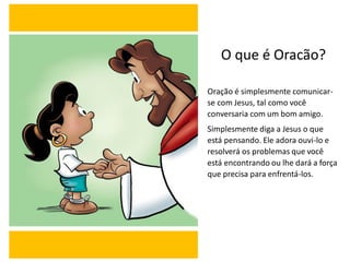 O que é Oracão?
Oração é simplesmente comunicar-
se com Jesus, tal como você
conversaria com um bom amigo.
Simplesmente diga a Jesus o que
está pensando. Ele adora ouvi-lo e
resolverá os problemas que você
está encontrando ou lhe dará a força
que precisa para enfrentá-los.
 