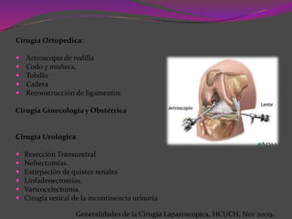 Cirugía Ortopedica:
 Artroscopia de rodilla
 Codo y muñeca,
 Tobillo
 Cadera
 Reconstrucción de ligamentos
Cirugía Ginecología y Obstétrica
Cirugía Urológica
 Resección Transuretral
 Nefrectomías.
 Extirpación de quistes renales
 Linfadenectomías.
 Varicocelectomía.
 Cirugía vesical de la incontinencia urinaria
Generalidades de la Cirugia Laparoscopica, HCUCH, Nov 2009.
 