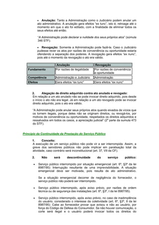  Anulação: Tanto a Administração como o Judiciário podem anular um
ato administrativo. A anulação gera efeitos “ex tunc”, isto é, retroage até o
momento em que o ato foi editado, com a finalidade de eliminar todos os
seus efeitos até então.
“A Administração pode declarar a nulidade dos seus próprios atos” (súmula
346 STF).
 Revogação: Somente a Administração pode fazê-la. Caso o Judiciário
pudesse rever os atos por razões de conveniência ou oportunidade estaria
ofendendo a separação dos poderes. A revogação gera efeitos “ex nunc”,
pois até o momento da revogação o ato era válido.
Anulação Revogação
Fundamento Por razões de ilegalidade Por razões de conveniência
e oportunidade
Competência Administração e Judiciário Administração
Efeitos Gera efeitos “ex tunc” Gera efeitos “ex nunc”
2. Alegação de direito adquirido contra ato anulado e revogado:
Em relação a um ato anulado não se pode invocar direito adquirido, pois desde
o início o ato não era legal. Já em relação a um ato revogado pode se invocar
direito adquirido, pois o ato era válido.
“A Administração pode anular seus próprios atos quando eivados de vícios que
os tornem ilegais, porque deles não se originam direitos, ou revogá-los, por
motivos de conveniência ou oportunidade, respeitados os direitos adquiridos e
ressalvados em todos os casos, a apreciação judicial” (2a
parte da sumula 473
do STF).
Princípio da Continuidade da Prestação do Serviço Público
1. Conceito:
A execução de um serviço público não pode vir a ser interrompida. Assim, a
greve dos servidores públicos não pode implicar em paralisação total da
atividade, caso contrário será inconstitucional (art. 37, VII da CF).
2. Não será descontinuidade do serviço público:
 Serviço público interrompido por situação emergencial (art. 6º, §3º da lei
8987/95): Interrupção resultante de uma imprevisibilidade. A situação
emergencial deve ser motivada, pois resulta de ato administrativo.
Se a situação emergencial decorrer de negligência do fornecedor, o
serviço público não poderá ser interrompido.
 Serviço público interrompido, após aviso prévio, por razões de ordem
técnica ou de segurança das instalações (art. 6º, §3º, I da lei 8987/95).
 Serviço público interrompido, após aviso prévio, no caso de inadimplência
do usuário, considerado o interesse da coletividade (art. 6º, §3º, II da lei
8987/95): Cabe ao fornecedor provar que avisou e não ao usuário, por
força do Código de Defesa do Consumidor. Se não houver comunicação, o
corte será ilegal e o usuário poderá invocar todos os direitos do
 