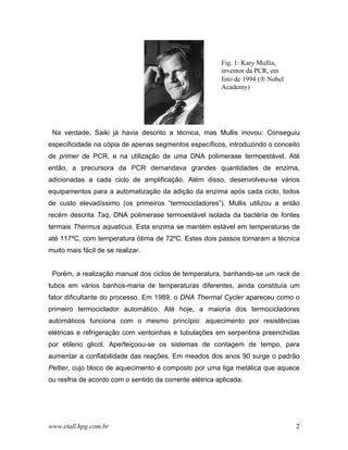 Fig. 1: Kary Mullis,
                                                         inventor da PCR, em
                                                         foto de 1994 ( Nobel
                                                         Academy)




 Na verdade, Saiki já havia descrito a técnica, mas Mullis inovou: Conseguiu
especificidade na cópia de apenas segmentos específicos, introduzindo o conceito
de primer de PCR, e na utilização de uma DNA polimerase termoestável. Até
então, a precursora da PCR demandava grandes quantidades de enzima,
adicionadas a cada ciclo de amplificação. Além disso, desenvolveu-se vários
equipamentos para a automatização da adição da enzima após cada ciclo, todos
de custo elevadíssimo (os primeiros “termocicladores”). Mullis utilizou a então
recém descrita Taq, DNA polimerase termoestável isolada da bactéria de fontes
termais Thermus aquaticus. Esta enzima se mantém estável em temperaturas de
até 117ºC, com temperatura ótima de 72ºC. Estes dois passos tornaram a técnica
muito mais fácil de se realizar.


 Porém, a realização manual dos ciclos de temperatura, banhando-se um rack de
tubos em vários banhos-maria de temperaturas diferentes, ainda constituía um
fator dificultante do processo. Em 1989, o DNA Thermal Cycler apareceu como o
primeiro termociclador automático. Até hoje, a maioria dos termocicladores
automáticos funciona com o mesmo princípio: aquecimento por resistências
elétricas e refrigeração com ventoinhas e tubulações em serpentina preenchidas
por etileno glicol. Aperfeiçoou-se os sistemas de contagem de tempo, para
aumentar a confiabilidade das reações. Em meados dos anos 90 surge o padrão
Peltier, cujo bloco de aquecimento é composto por uma liga metálica que aquece
ou resfria de acordo com o sentido da corrente elétrica aplicada.




www.etall.hpg.com.br                                                             2
 