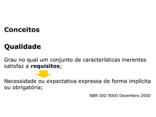 Conceitos
Qualidade
Grau no qual um conjunto de características inerentes
satisfaz a requisitos;
Necessidade ou expectativa expressa de forma implícita
ou obrigatória;
NBR ISO 9000 Dezembro 2000
 