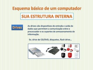 As drives são dispositivos de entrada e saída de
dados que permitem a comunicação entre o
processador e os suportes de armazenamento de
informação.
Ex. drive de CD/DVD, disquetes, flash drive…

 