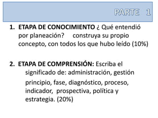 1. ETAPA DE CONOCIMIENTO ¿ Qué entendió
   por planeación? construya su propio
   concepto, con todos los que hubo leído (10%)

2. ETAPA DE COMPRENSIÓN: Escriba el
     significado de: administración, gestión
     principio, fase, diagnóstico, proceso,
     indicador, prospectiva, política y
     estrategia. (20%)
 