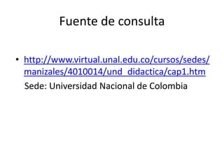 Fuente de consulta

• http://www.virtual.unal.edu.co/cursos/sedes/
  manizales/4010014/und_didactica/cap1.htm
  Sede: Universidad Nacional de Colombia
 