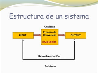 Estructura de un sistema
               Ambiente

              Proceso de
   INPUT      Conversión       OUTPUT

              CAJA NEGRA




           Retroalimentación



                Ambiente
 
