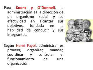 Para Koonz y O`Donnell, la 
administración es la dirección de 
un organismo social y su 
efectividad en alcanzar sus 
objetivos, fundada en la 
habilidad de conducir y sus 
integrantes. 
Según Henri Fayol, administrar es 
proveer, organizar, mandar, 
coordinar y controlar el 
funcionamiento de una 
organización. 
 