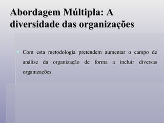 Abordagem Múltipla: A diversidade das organizações Com esta metodologia pretendem aumentar o campo de análise da organização de forma a incluir diversas organizações. 