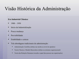 Visão Histórica da Administração Era Industrial Clássica: 1900 – 1950 Início da Industrialização Pouca mudança Previsibilidade Estabilidade e certeza Três abordagens tradicionais de administração: Administração Científica (ênfase nas tarefas ao nível do operário) Teoria Clássica e Modelo Burocrático (ênfase na estrutura organizacional) Teoria das Relações Humanas (ressalta o papel das pessoas nas organizações) 