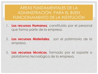 ÁREAS FUNDAMENTALES DE LA
ADMINISTRACIÓN PARA EL BUEN
FUNCIONAMIENTO DE LA INSTITUCIÓN
1. Los recursos Humanos, constituido por el personal
que forma parte de la empresa.
2. Los recursos Materiales, son el patrimonio de la
empresa.
3. Los recursos técnicos, formado por el soporte o
plataforma tecnológica de la empresa.
 