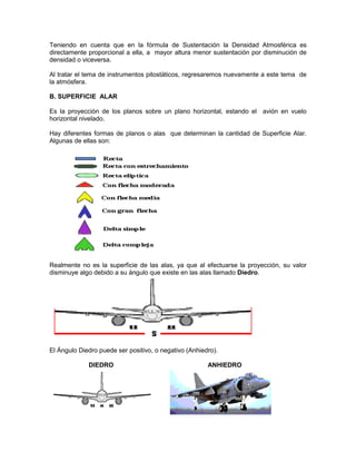 Teniendo en cuenta que en la fórmula de Sustentación la Densidad Atmosférica es
directamente proporcional a ella, a mayor altura menor sustentación por disminución de
densidad o viceversa.
Al tratar el tema de instrumentos pitostáticos, regresaremos nuevamente a este tema de
la atmósfera.
B. SUPERFICIE ALAR
Es la proyección de los planos sobre un plano horizontal, estando el avión en vuelo
horizontal nivelado.
Hay diferentes formas de planos o alas que determinan la cantidad de Superficie Alar.
Algunas de ellas son:
Realmente no es la superficie de las alas, ya que al efectuarse la proyección, su valor
disminuye algo debido a su ángulo que existe en las alas llamado Diedro.
El Ángulo Diedro puede ser positivo, o negativo (Anhiedro).
DIEDRO ANHIEDRO
 