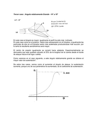 Tercer caso : Angulo relativamente Grande - 14° a 18°
En este caso el ángulo es mayor, igualmente el perfil ha sido más inclinado
En este caso como en el anterior, habrá más sobrepresión en el Intrados, e igualmente las
partículas de aire en el Extrados serán más aceleradas produciéndose más succión, por
lo tanto la resultante aerodinámica será mayor.
El centro de presión igualmente se correrá hacia adelante. Experimentalmente se
demuestra que este quedará ubicado al 25% de la longitud de la cuerda desde el borde
de ataque hacia el de fuga o salida.
Como veremos en el caso siguiente, a este ángulo relativamente grande se obtiene el
mayor valor de sustentación”.
De estos tres casos, vemos como al aumentar el ángulo de ataque, la sustentación
aumenta, porque uno de sus parámetros ha aumentado, es el coeficiente de sustentación.
 