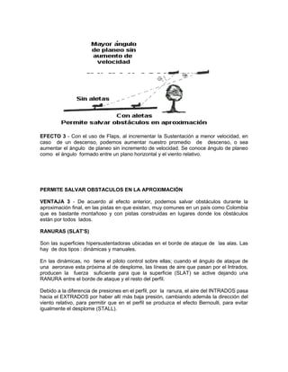 EFECTO 3 - Con el uso de Flaps, al incrementar la Sustentación a menor velocidad, en
caso de un descenso, podemos aumentar nuestro promedio de descenso, o sea
aumentar el ángulo de planeo sin incremento de velocidad. Se conoce ángulo de planeo
como el ángulo formado entre un plano horizontal y el viento relativo.
PERMITE SALVAR OBSTACULOS EN LA APROXIMACIÓN
VENTAJA 3 - De acuerdo al efecto anterior, podemos salvar obstáculos durante la
aproximación final, en las pistas en que existan, muy comunes en un país como Colombia
que es bastante montañoso y con pistas construidas en lugares donde los obstáculos
están por todos lados.
RANURAS (SLAT’S)
Son las superficies hipersustentadoras ubicadas en el borde de ataque de las alas. Las
hay de dos tipos : dinámicas y manuales.
En las dinámicas, no tiene el piloto control sobre ellas; cuando el ángulo de ataque de
una aeronave esta próxima al de desplome, las líneas de aire que pasan por el Intrados,
producen la fuerza suficiente para que la superficie (SLAT) se active dejando una
RANURA entre el borde de ataque y el resto del perfil.
Debido a la diferencia de presiones en el perfil, por la ranura, el aire del INTRADOS pasa
hacia el EXTRADOS por haber allí más baja presión, cambiando además la dirección del
viento relativo, para permitir que en el perfil se produzca el efecto Bernoulli, para evitar
igualmente el desplome (STALL).
 