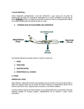 3.3 EJE VERTICAL :
Línea imaginaria perpendicular a las dos anteriores y que cruza por el punto de
intersección de estos. El movimiento efectuado por un avión alrededor de este eje se
llama GUIÑADA (YAW). Su objetivo es permitir los giros en tierra y complementar al Bank
en el viraje equilibrando las fuerzas de giro en vuelo.
4. FUERZAS QUE ACTUAN SOBRE UNA AERONAVE
Las fuerzas básicas que actúan sobre un avión en vuelo son :
1. PESO
2. TRACCION
3. SUSTENTACION
4. RESISTENCIA AL AVANCE.
4.1 PESO
ORIGEN DEL PESO
Isaac Newton, descubrió la fuerza de gravedad, que es la fuerza con que la tierra atrae a
todos los cuerpos dentro de su campo de acción. Efectuó un experimento dentro de un
tubo al cual hizo el vacío, dejando caer una pluma y una esfera metálica.
Los dos cuerpos cayeron al mismo tiempo, lo que demostraba que en caída libre recorrían
espacios iguales en tiempos iguales; independiente de su tamaño o peso. Como
conclusión
 