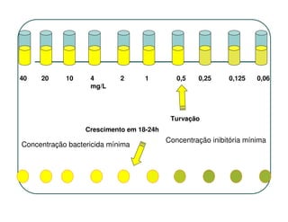 40   20     10     4        2      1         0,5   0,25     0,125    0,06
                   mg/L



                                           Turvação
                  Crescimento em 18-24h
                                          Concentração inibitória mínima
Concentração bactericida mínima
 