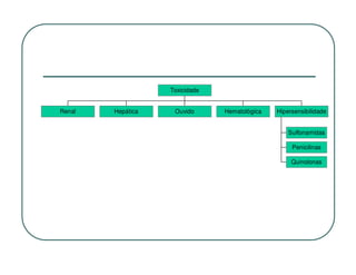 Toxicidade


Renal   Hepática    Ouvido      Hematológica   Hipersensibilidade


                                                   Sulfonamidas

                                                    Penicilinas

                                                    Quinolonas
 