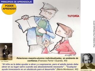 RECIBIR TUTORÍA
CUANDO SEA NECESARIOPODER
APRENDER
PRINCIPIOS DE APRENDIZAJE
PepeGiráldezyPereMarquès(2014)
+ Pestalozzi, Vygotsky, Rogers
Orientación personal, apoyo afectivo
(profesores, compañeros, familia).
Refuerzo académico
“zona de desarrollo próximo”
17
•“El maestro debe conocer “las capacidades, inclinaciones, vicios y virtudes de sus
discípulos” (Baldiri Reixac, XVIII)
 