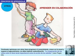 •Formar niños activos, moral e intelectualmente autónomos (Jean Piaget, XX)
•No fuerza la realización de actividades.“La mayor señal del éxito de un profesor es
poder decir: ahora los niños trabajan como si yo no existiera” (María Montessori, XX)
•La tarea del profesor (similar al terapeuta) es liberar el camino para que el estudiante
(cliente) aprenda lo que quiera, conduzca el aprendizaje a su manera. La relación
alumno-profesor debe ser de confianza y sin jerarquía. (Carl Rogers, XX)
•“La alfabetización no puede hacerse de arriba hacia abajo, como una donación o una
imposición, sino desde dentro hacia fuera, por el propio analfabeto y con la simple
colaboración del educador” (Paulo Freire, XX)
Foto: Teories i pràctiques
contemporànies en l’Educac
•Van a clase si quieren. En Summerhill el niño tiene libertad de
decidir qué aprender y así desarrollarse a su ritmo. “Los
creadores aprenden lo que desean aprender. No sabemos
cuanta libertad de creación matan las salas de clase”
(Alexander Neil,XX)
QUERER
APRENDER
PRINCIPIOS DE APRENDIZAJE AUTONOMÍA CRECIENTE EN EL APRENDIZAJE
•VISIÓN TRADICIONAL. Didáctica basada en la instrucción del profesor
donde el estudiante es receptor de la enseñanza (frente a la escuela Nueva).
No considera su iniciativa. (Johann Frederich Herbart, XIX)
Foto: Wikipedia
PereMarquès(2015)
 