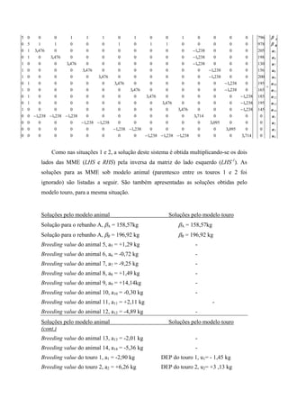 5   0    0      0      1      1      1      0      1      0      0      1      0      0      0      0    796   βA
0   5    1      1      0      0      0      1      0      1      1      0      0      0      0      0    978 β B
0   1 3,476     0      0      0      0      0      0      0      0      0   −1,238    0      0      0    205   a5
0   1    0   3,476     0      0      0      0      0      0      0      0   −1,238    0      0      0    198   a6
1   0    0      0   3,476     0      0      0      0      0      0      0   −1,238    0      0      0    130   a7
1   0    0      0      0   3,476     0      0      0      0      0      0      0   −1,238    0      0    156   a8
1   0    0      0      0      0   3,476     0      0      0      0      0      0   −1,238    0      0    200   a9
0   1    0      0      0      0      0   3,476     0      0      0      0      0      0   −1,238    0    195   a10
                                                                                                       .     =
1   0    0      0      0      0      0      0   3,476     0      0      0      0      0   −1,238    0    165   a11
0   1    0      0      0      0      0      0      0   3,476     0      0      0      0      0   −1,238 185    a12
0   1    0      0      0      0      0      0      0      0   3,476     0      0      0      0   −1,238 195    a13
1   0    0      0      0      0      0      0      0      0      0   3,476     0      0      0   −1,238 145    a14
0   0 −1,238 −1,238 −1,238    0      0      0      0      0      0      0   3,714     0      0      0     0    a1
0   0    0      0      0   −1,238 −1,238    0      0      0      0      0      0    3,095    0      0     0    a2
0   0    0      0      0      0      0   −1,238 −1,238    0      0      0      0      0   3,095     0     0    a3
0   0    0      0      0      0      0      0      0   −1,238 −1,238 −1,238    0      0      0   3,714    0    a4


              Como nas situações 1 e 2, a solução deste sistema é obtida multiplicando-se os dois
          lados das MME (LHS e RHS) pela inversa da matriz do lado esquerdo (LHS-1). As
          soluções para as MME sob modelo animal (parentesco entre os touros 1 e 2 foi
          ignorado) são listadas a seguir. São também apresentadas as soluções obtidas pelo
          modelo touro, para a mesma situação.


          Soluções pelo modelo animal                             Soluções pelo modelo touro
          Solução para o rebanho A, βA = 158,57kg                     βA = 158,57kg
          Solução para o rebanho A, βB = 196,92 kg                    βB = 196,92 kg
          Breeding value do animal 5, a5 = +1,29 kg                           -
          Breeding value do animal 6, a6 = -0,72 kg                           -
          Breeding value do animal 7, a7 = -9,25 kg                           -
          Breeding value do animal 8, a8 = +1,49 kg                           -
          Breeding value do animal 9, a9 = +14,14kg                           -
          Breeding value do animal 10, a10 = -0,30 kg                         -
          Breeding value do animal 11, a11 = +2,11 kg                                 -
          Breeding value do animal 12, a12 = -4,89 kg                         -
          Soluções pelo modelo animal                             Soluções pelo modelo touro
          (cont.)
          Breeding value do animal 13, a13 = -2,01 kg                         -
          Breeding value do animal 14, a14 = -5,36 kg                         -
          Breeding value do touro 1, a1 = -2,90 kg            DEP do touro 1, u1= - 1,45 kg
          Breeding value do touro 2, a2 = +6,26 kg            DEP do touro 2, u2= +3 ,13 kg
 