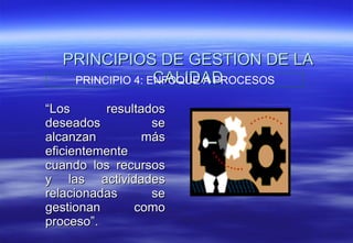 PRINCIPIOS DE GESTION DE LA CALIDAD “ Los resultados deseados se alcanzan más eficientemente cuando los recursos y las actividades relacionadas se gestionan como proceso”. PRINCIPIO 4: ENFOQUE A PROCESOS 