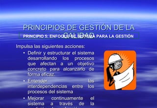PRINCIPIOS DE GESTIÓN DE LA CALIDAD Impulsa las siguientes acciones: Definir y estructurar el sistema desarrollando los procesos que afectan a un objetivo concreto para alcanzarlo de forma eficaz. Entender las interdependencias entre los procesos del sistema Mejorar continuamente el sistema a través de la medición y la evaluación. PRINCIPIO 5: ENFOQUE DE SISTEMA PARA LA GESTIÓN   