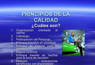 Organización orientada al cliente; Liderazgo; Participación del Personal; Enfoque basados en procesos; Enfoque de sistema para la gestión; Mejora continua; Enfoque basado en hechos para la toma de decisión; Relación mutuamente beneficiosa con el proveedor. PRINCIPIOS DE LA CALIDAD ¿Cuáles son? 