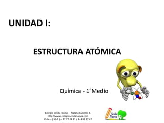 UNIDAD I:
Colegio Senda Nueva - Natalia Cubillos B.
http://www.colegiosendanueva.com
Chile – ( 56-2 ) – 22 77 24 81 / 8- 493 97 47
Química - 1°Medio
ESTRUCTURA ATÓMICA
 