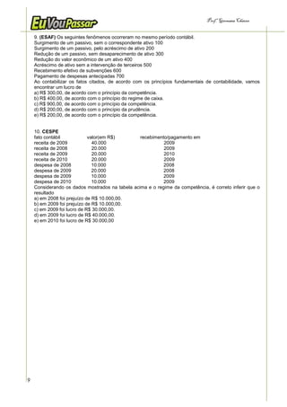 Prof.a Germana Chaves


    9. (ESAF) Os seguintes fenômenos ocorreram no mesmo período contábil.
    Surgimento de um passivo, sem o correspondente ativo 100
    Surgimento de um passivo, pelo acréscimo de ativo 200
    Redução de um passivo, sem desaparecimento de ativo 300
    Redução do valor econômico de um ativo 400
    Acréscimo de ativo sem a intervenção de terceiros 500
    Recebimento efetivo de subvenções 600
    Pagamento de despesas antecipadas 700
    Ao contabilizar os fatos citados, de acordo com os princípios fundamentais de contabilidade, vamos
    encontrar um lucro de
    a) R$ 300,00, de acordo com o princípio da competência.
    b) R$ 400,00, de acordo com o princípio do regime de caixa.
    c) R$ 900,00, de acordo com o princípio da competência.
    d) R$ 200,00, de acordo com o princípio da prudência.
    e) R$ 200,00, de acordo com o princípio da competência.


    10. CESPE
    fato contábil            valor(em R$)        recebimento/pagamento em
    receita de 2009            40.000                      2009
    receita de 2008            20.000                      2009
    receita de 2009            20.000                      2010
    receita de 2010            20.000                      2009
    despesa de 2008            10.000                      2008
    despesa de 2009            20.000                      2008
    despesa de 2009            10.000                      2009
    despesa de 2010            10.000                      2009
    Considerando os dados mostrados na tabela acima e o regime da competência, é correto inferir que o
    resultado
    a) em 2008 foi prejuízo de R$ 10.000,00.
    b) em 2009 foi prejuízo de R$ 10.000,00.
    c) em 2009 foi lucro de R$ 30.000,00.
    d) em 2009 foi lucro de R$ 40.000,00.
    e) em 2010 foi lucro de R$ 30.000,00




9
 