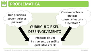 PROBLEMÁTICA
CURRÍCULO E SEU
DESENVOLVIMENTO
Que princípios
podem guiar as
práticas?
Como reconhecer
práticas
consonantes com
a literatura?
Proposta de um
instrumento de análise
qualitativa em EC
 