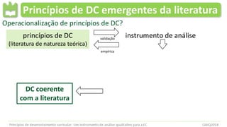 Princípios de DC emergentes da literatura
Operacionalização de princípios de DC?
princípios de DC
(literatura de natureza teórica)
instrumento de análisevalidação
empírica
DC coerente
com a literatura
 