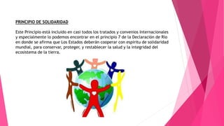 PRINCIPIO DE SOLIDARIDAD
Este Principio está incluido en casi todos los tratados y convenios Internacionales
y especialmente lo podemos encontrar en el principio 7 de la Declaración de Río
en donde se afirma que Los Estados deberán cooperar con espíritu de solidaridad
mundial, para conservar, proteger, y restablecer la salud y la integridad del
ecosistema de la tierra.
 