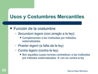 Usos y Costumbres Mercantiles Función de la costumbre Secundum legem  (con arreglo a la ley): Complementan a las instituidas por métodos sistematizados  Praeter legem  (a falta de la ley) Contra legem  (contra la ley) Son aquellas cuyas normas contradicen a las instituidas por métodos sistematizados    van en contra la ley 