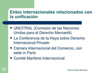 Entes internacionales relacionados con la unificación  UNCITRAL (Comisión de las Naciones Unidas para el Derecho Mercantil) La Conferencia de la Haya sobre Derecho Internacional Privado Cámara Internacional del Comercio, con sede in Paris Comité Marítimo Internacional  