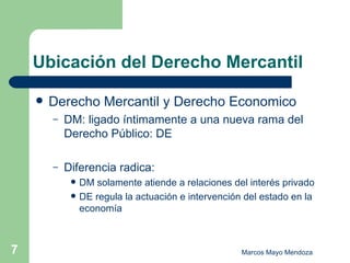 Ubicación del Derecho Mercantil Derecho Mercantil y Derecho Economico DM: ligado íntimamente a una nueva rama del Derecho Público: DE Diferencia radica:  DM solamente atiende a relaciones del interés privado DE regula la actuación e intervención del estado en la economía 