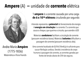 Ampere (A) = unidade de corrente elétrica
Andre-Marie Ampère  
(1775-1836)
Matemático e físico francês
1 ampere é a corrente causada por uma carga
de 6 x 1018 elétrons circulando por segundo
A tensão representa o potencial de fornecimento de energia
A energia em circulação é a corrente. É a corrente que
causa o choque, que queima o circuito, que acende o LED
Uma corrente localizada de 0,01A (10mA) já é suﬁciente para
causar ﬁbrilação cardíaca. Devido à resistência do corpo
humano à passagem de corrente, as correntes geradas por
fontes de tensão abaixo de 25V são seguras.
Materiais condutores facilitam a circulação de corrente
(possuem resistência baixa). Materiais isolantes diﬁcultam a
passagem de corrente (possuem resistência alta).
 
