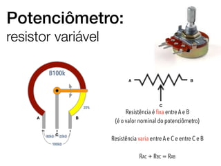 Potenciômetro:
resistor variável
Resistência é ﬁxa entre A e B
(é o valor nominal do potenciômetro)
Resistência varia entre A e C e entre C e B
RAC + RBC = RAB
A B
C
A B
C
 