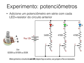 Experimento: potenciômetros
• Adicione um potenciômetro em série com cada
LED+resistor do circuito anterior
Altere primeiro o circuito de um LED, depois faça os outros; use jumpers e ﬁos se necessário
A
B
C
560Ω 470Ω 470Ω
Use
B200K ou B100K ou B50K
 