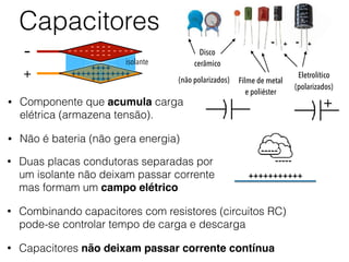 Capacitores
• Duas placas condutoras separadas por  
um isolante não deixam passar corrente  
mas formam um campo elétrico
• Combinando capacitores com resistores (circuitos RC)
pode-se controlar tempo de carga e descarga
• Capacitores não deixam passar corrente contínua
+++++++++++
-----
-----
++++++++++++
++++
++++
- - - - - - - - - - - -
- - - -
- - - -
-
+
isolante
Disco
cerâmico
Filme de metal
e poliéster
- ++
(não polarizados)
Eletrolítico
-
(polarizados)
+• Componente que acumula carga
elétrica (armazena tensão).
• Não é bateria (não gera energia)
 