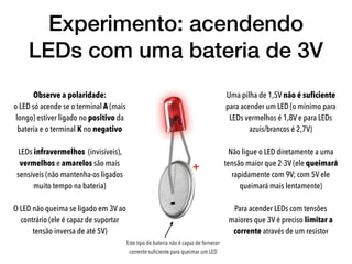 Experimento: acendendo
LEDs com uma bateria de 3V
+
-
Observe a polaridade:  
o LED só acende se o terminal A (mais
longo) estiver ligado no positivo da
bateria e o terminal K no negativo
LEDs infravermelhos (invisíveis),
vermelhos e amarelos são mais
sensíveis (não mantenha-os ligados
muito tempo na bateria)
O LED não queima se ligado em 3V ao
contrário (ele é capaz de suportar
tensão inversa de até 5V)
Uma pilha de 1,5V não é suﬁciente
para acender um LED (o mínimo para
LEDs vermelhos é 1,8V e para LEDs
azuis/brancos é 2,7V)
Não ligue o LED diretamente a uma
tensão maior que 2-3V (ele queimará
rapidamente com 9V; com 5V ele
queimará mais lentamente)
Para acender LEDs com tensões
maiores que 3V é preciso limitar a
corrente através de um resistor
Este tipo de bateria não é capaz de fornecer
corrente suﬁciente para queimar um LED
 