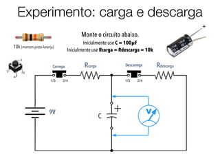 Experimento: carga e descarga
Monte o circuito abaixo.
Inicialmente use C = 100µF
Inicialmente use Rcarga = Rdescarga = 10k
+
10k (marrom-preto-laranja)
1/3 2/4 1/3 2/4
 