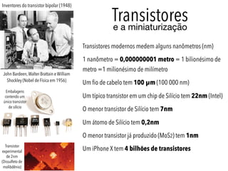 Inventores do transistor bipolar (1948)
John Bardeen,Walter Brattain e William
Shockley (Nobel de Física em 1956)
Transistores
Embalagens
contendo um
único transistor
de silício
Transistor
experimental
de 2nm
(Dissulfeto de
molibdênio)
Transistores modernos medem alguns nanômetros (nm)
1 nanômetro = 0,000000001 metro = 1 bilionésimo de
metro =1 milionésimo de milímetro
Um fio de cabelo tem 100 µm (100 000 nm)
Um típico transistor em um chip de Silício tem 22nm (Intel)
O menor transistor de Silício tem 7nm
Um átomo de Silício tem 0,2nm
O menor transistor já produzido (MoS2) tem 1nm
Um iPhone X tem 4 bilhões de transistores
e a miniaturização
 